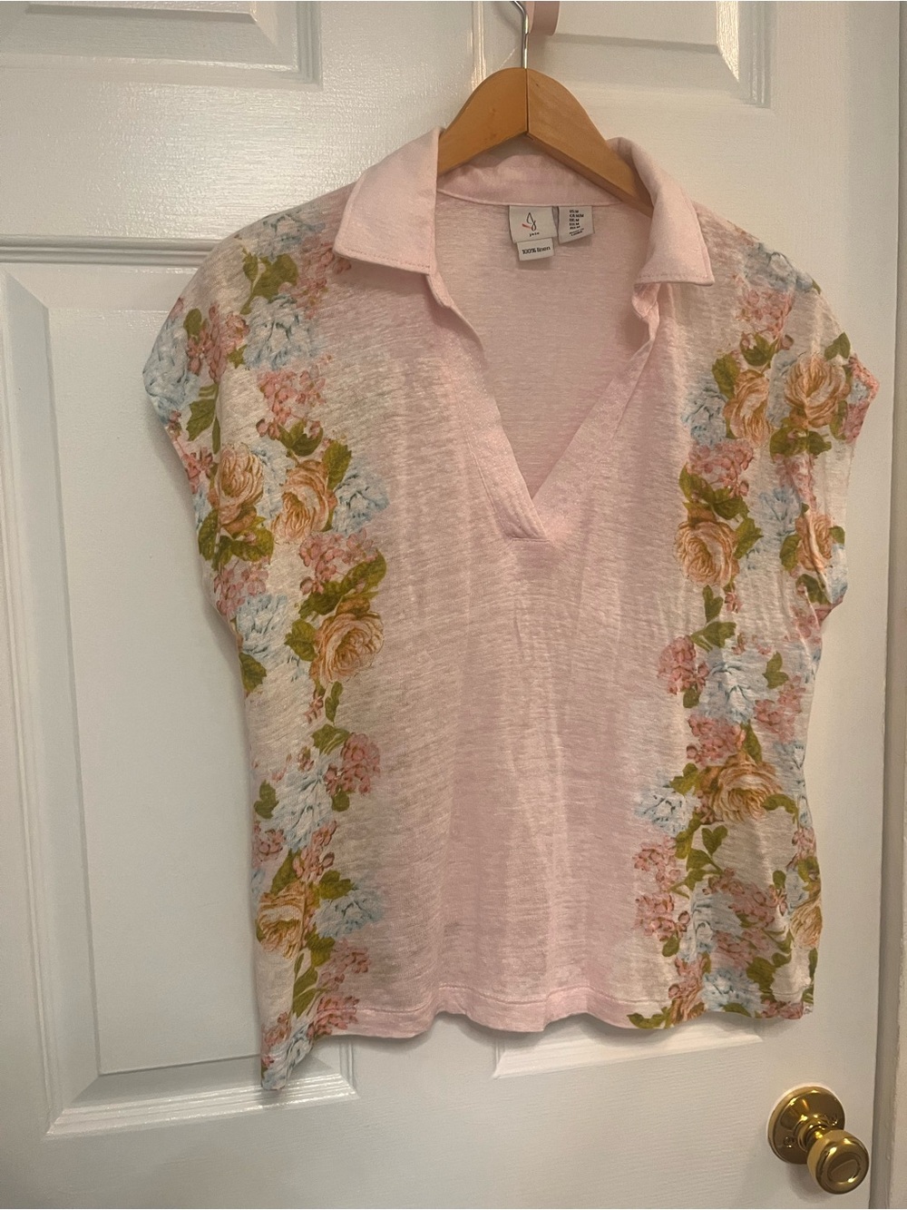 Joie Light Pink Floral Collared V-Neck Top M